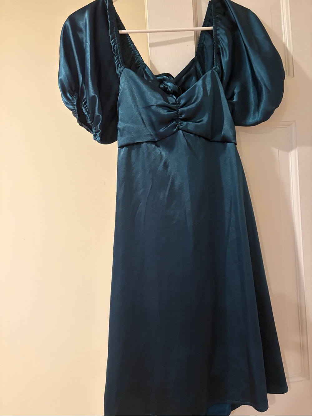 Altar'd State Teal Satin Puff-Sleeve Midi Dress